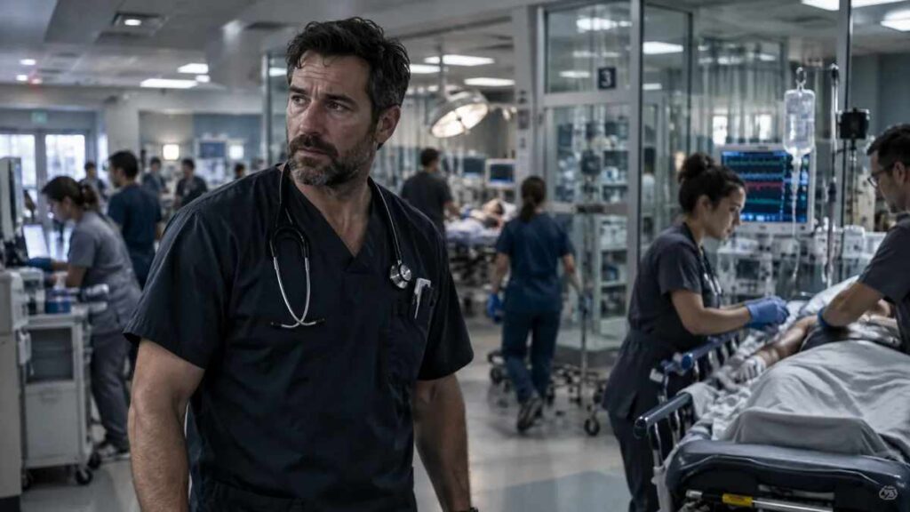 The Pitt Season 3 hospital drama scene with an ER doctor during a busy shift