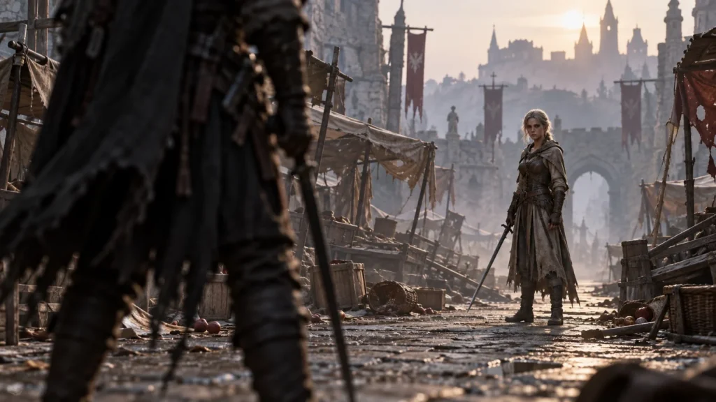 Ash-blonde swordswoman facing a shadowy bounty hunter in an abandoned medieval market at dawn