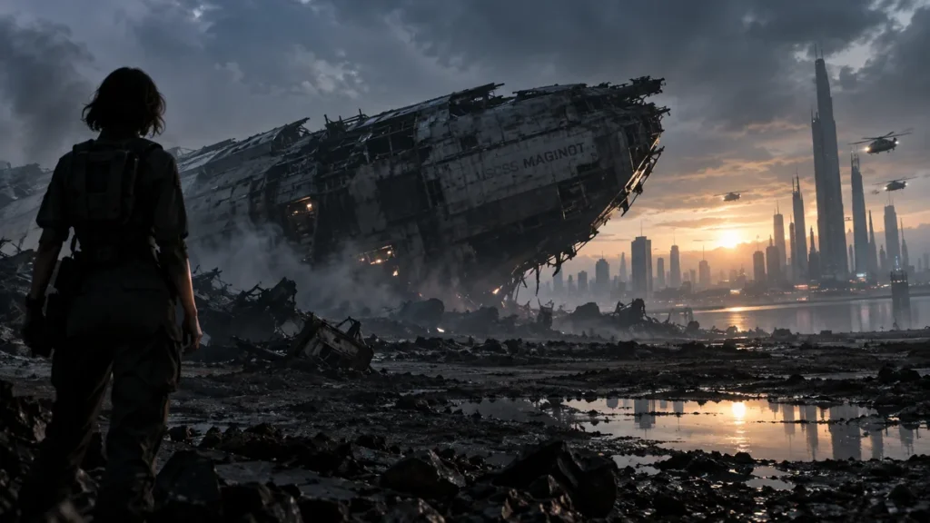 Alien Earth review image showing the wrecked USCSS Maginot near a futuristic city