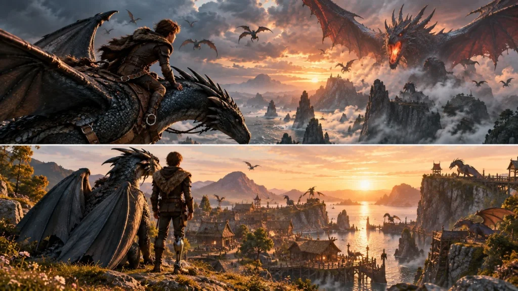 How to Train Your Dragon ending explained with an original rider, dragon and final-battle inspired fantasy scene