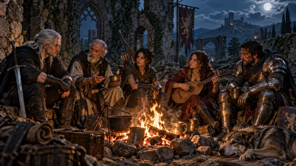 Five medieval travelers resting around a campfire in a ruined stone courtyard at night