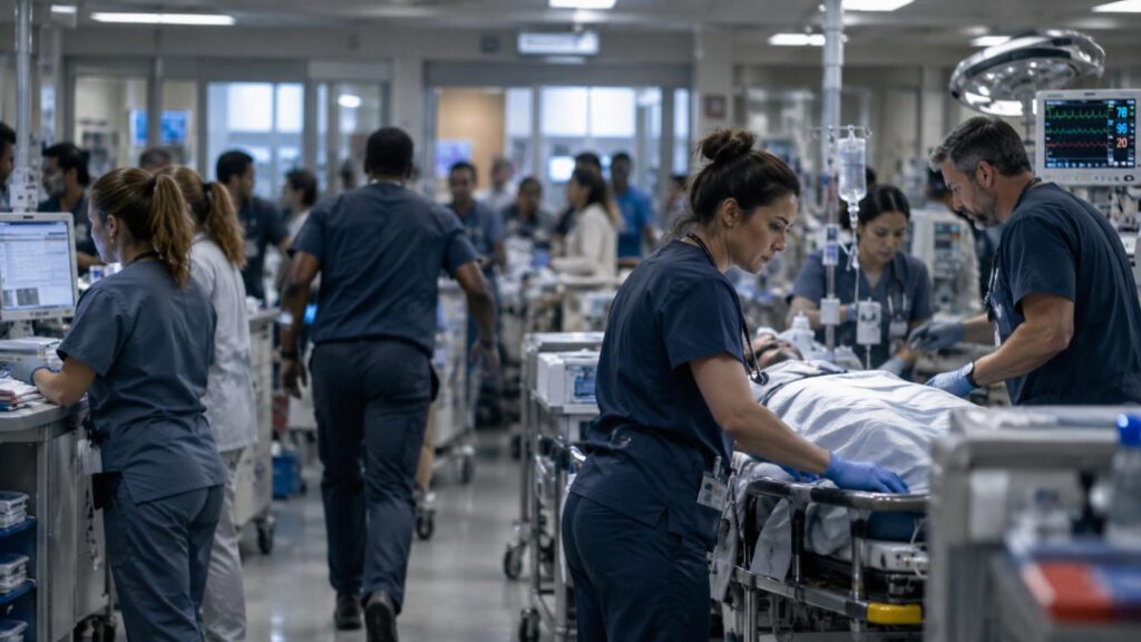 Busy emergency department scene for The Pitt review