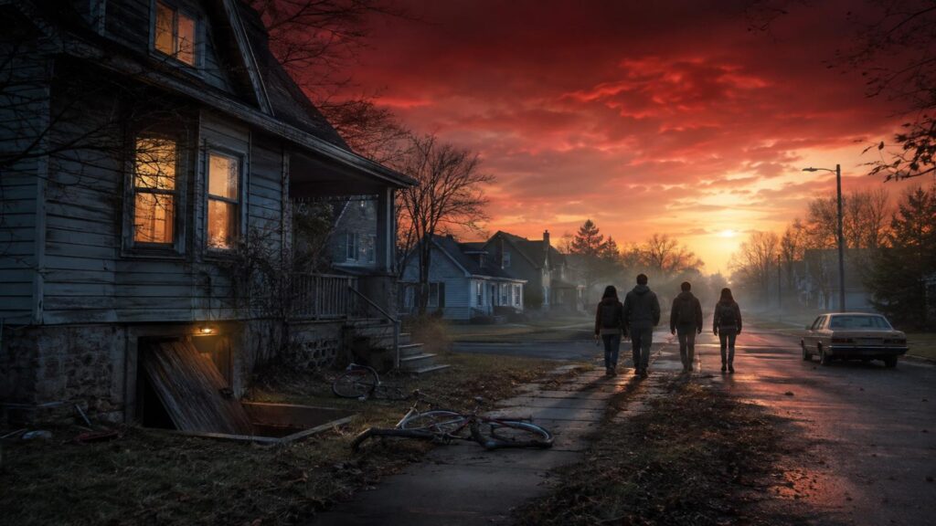 Will there be a Stranger Things Season 6? Young people leave a small-town house at dawn.