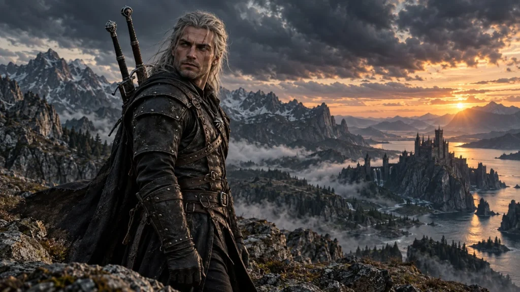 Silver-haired monster hunter with two swords on a mountain ridge at dusk