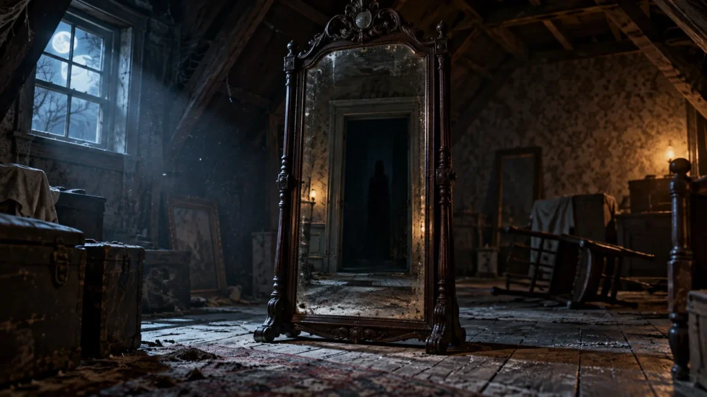 The Conjuring Last Rites ending explained illustration showing a family facing a cracked mirror with a shadowy reflection.