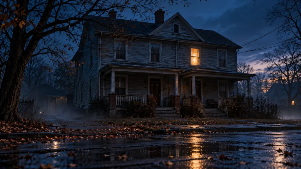 An aging house at dusk with a glowing upstairs window and mist along the street.