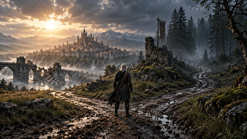 The Witcher Season 4 ending illustration showing a swordswoman facing a bounty hunter