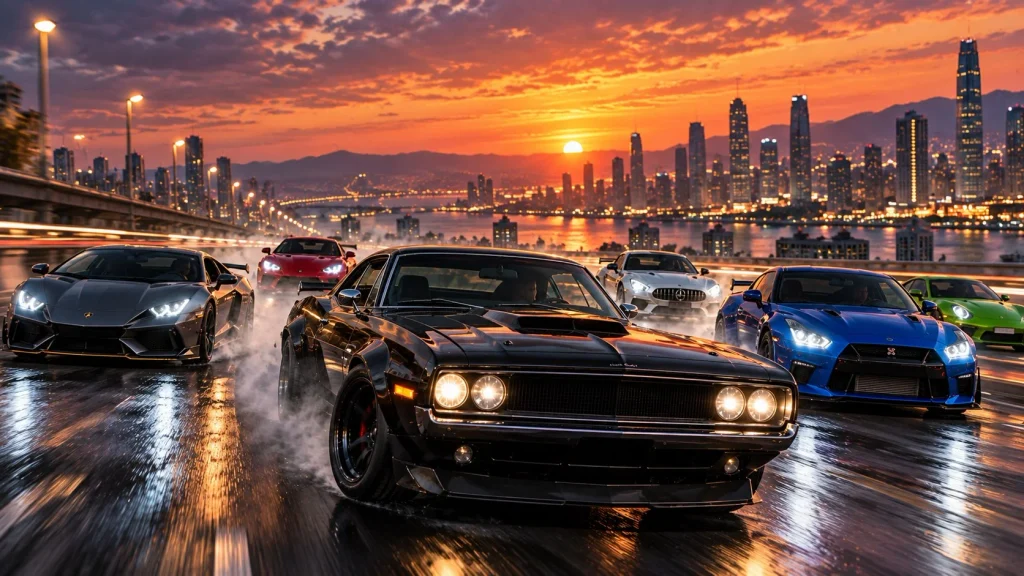 Reparto de Fast and Furious 11 en una escena cinematográfica con coches deportivos