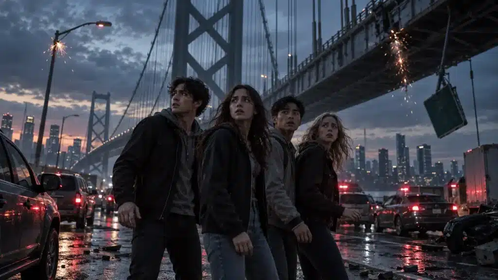Final Destination 7 concept image of survivors beneath a damaged suspension bridge