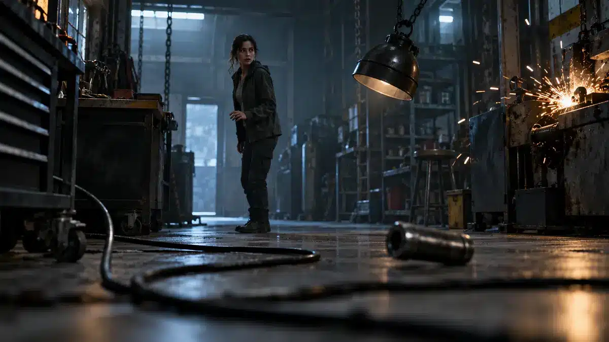 Final Destination Bloodlines reviews image of a woman surrounded by ominous workshop hazards