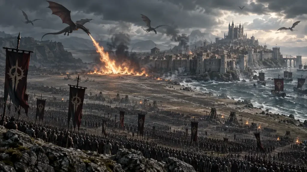 Ilustración para House of the Dragon Season 3: un ejército ante una ciudad costera y dragones en el cielo