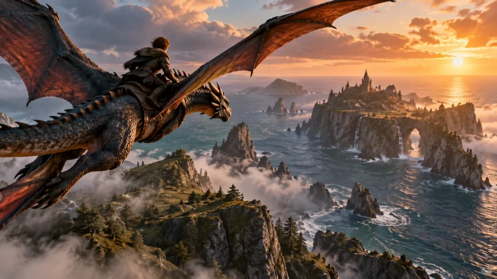 How to Train Your Dragon live action streaming guide with a fictional dragon rider above a coastal island