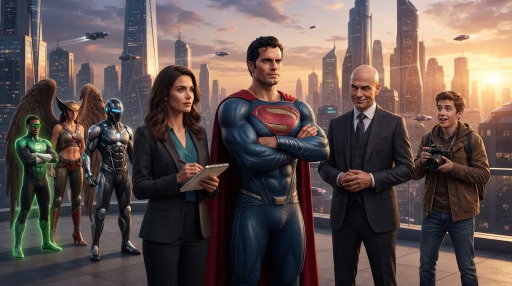 Superman Lois Lane and Lex Luthor in a Metropolis confrontation