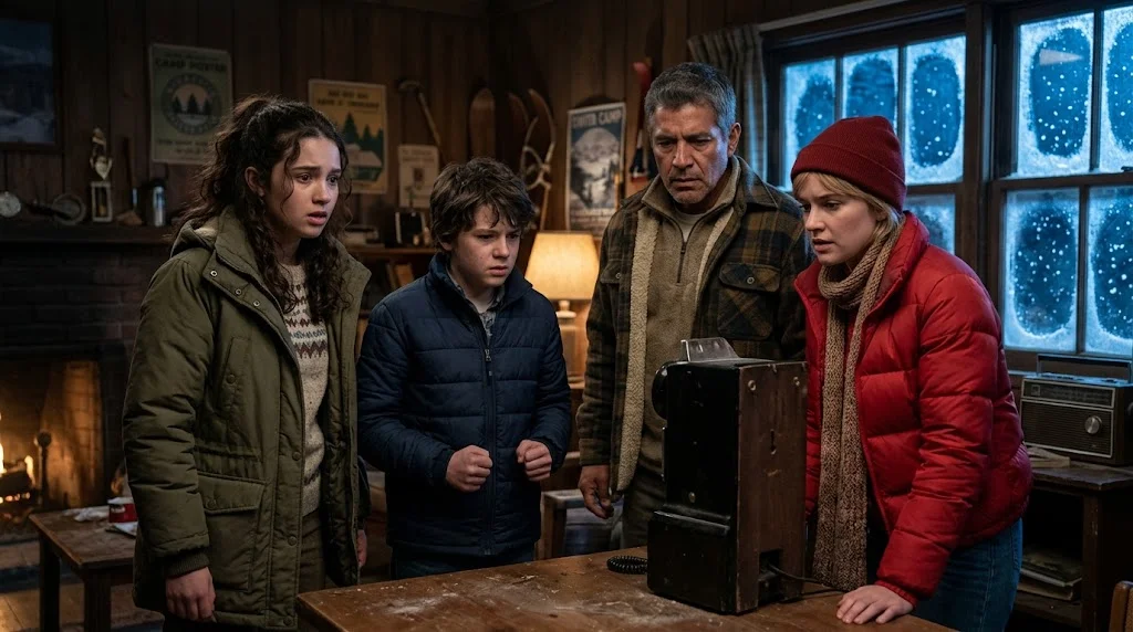 Black Phone 2 cast – Finney, Gwen and two Alpine Lake characters gather around a mysterious telephone inside a winter cabin.