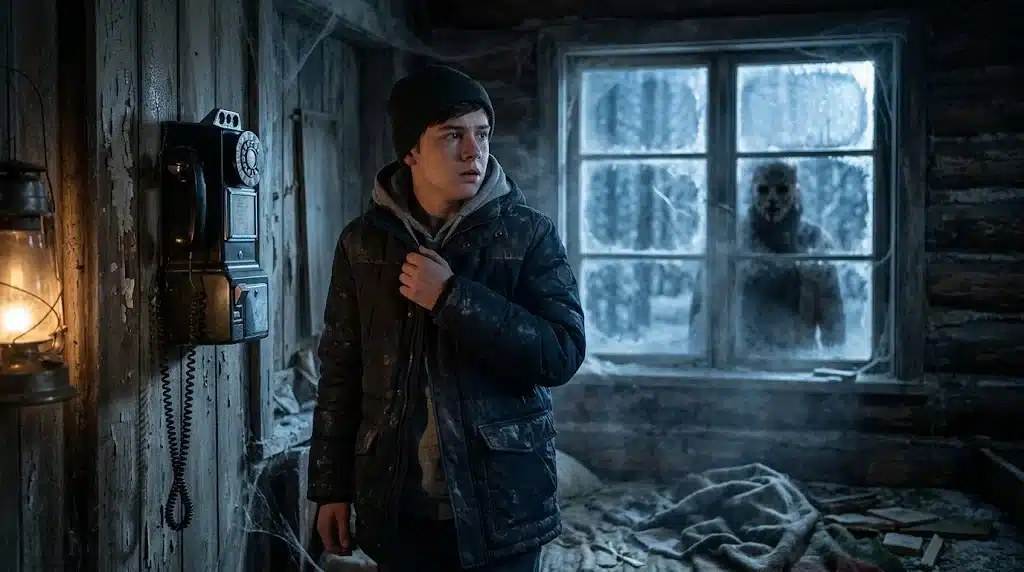 Black Phone 2 inspired horror scene featuring a teenage boy, an old black telephone and a mysterious figure outside a snowy cabin.