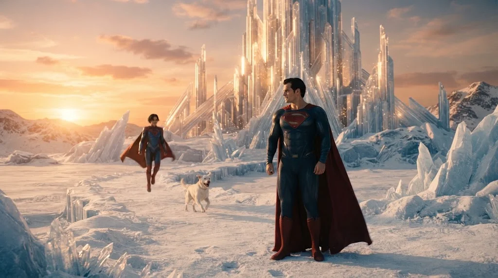 Superman, Supergirl and Krypto near the Fortress of Solitude