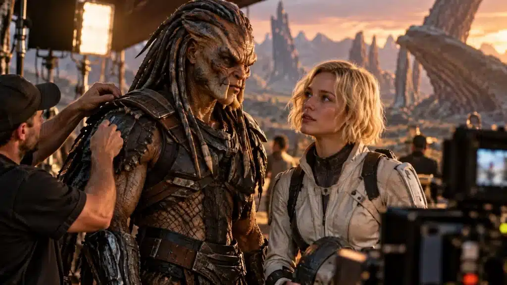 Fictional behind-the-scenes concept artwork illustrating the cast of Predator: Badlands, featuring an alien warrior and a female sci-fi character on a film set.