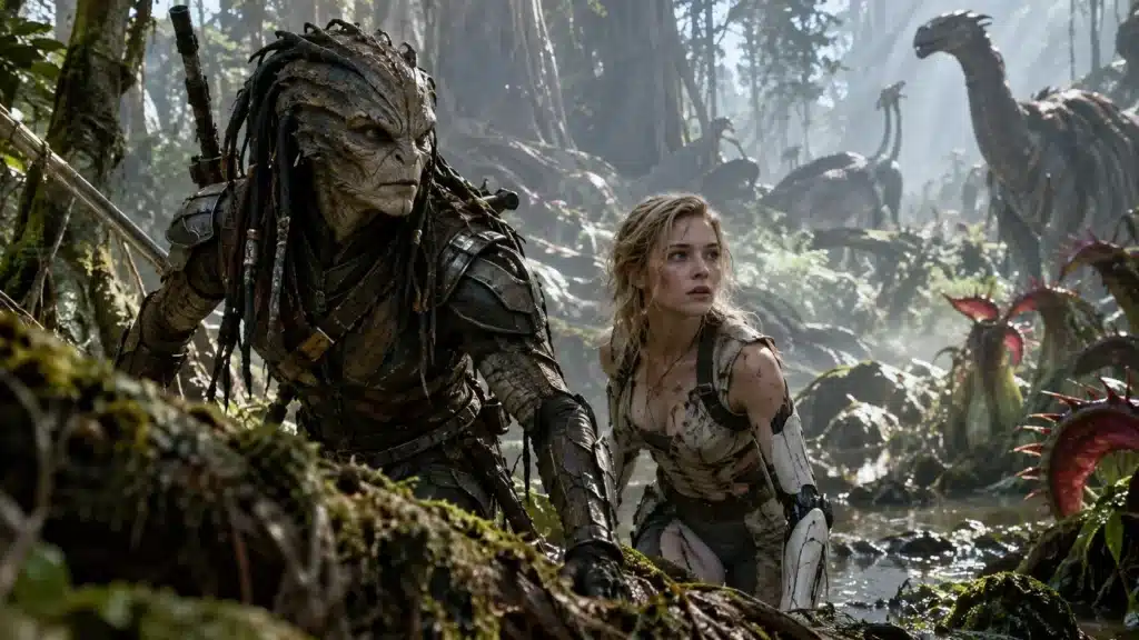 Predator: Badlands review — unofficial cinematic artwork of an alien hunter exploring a dangerous jungle planet.
