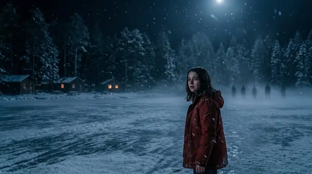 Black Phone 2 review – Horror-inspired scene of a teenage girl standing on a frozen lake near a snowy winter camp at night.