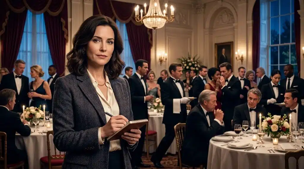Fictional female detective holding a notebook at a formal dinner in a presidential residence.