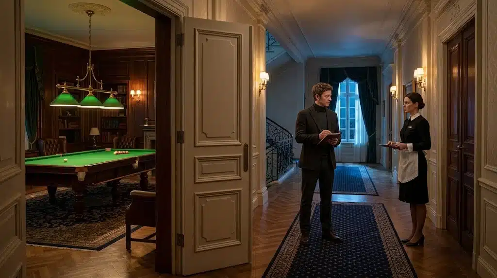 Presidential residence corridor with an open doorway to a billiards room, a household staff member and a male investigator.
