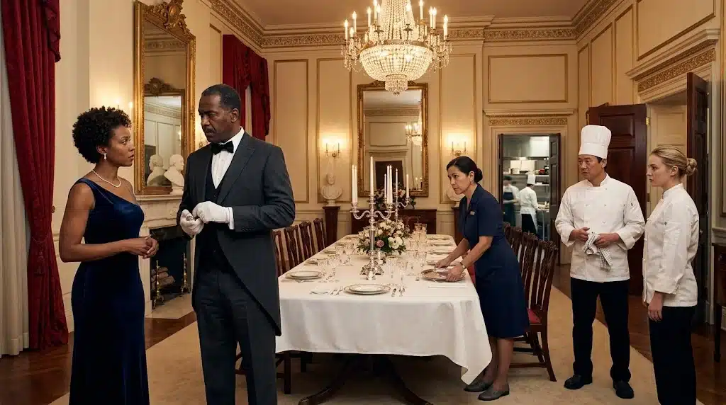 White House staff and characters inspired by Netflix's The Residence in a formal dining room.