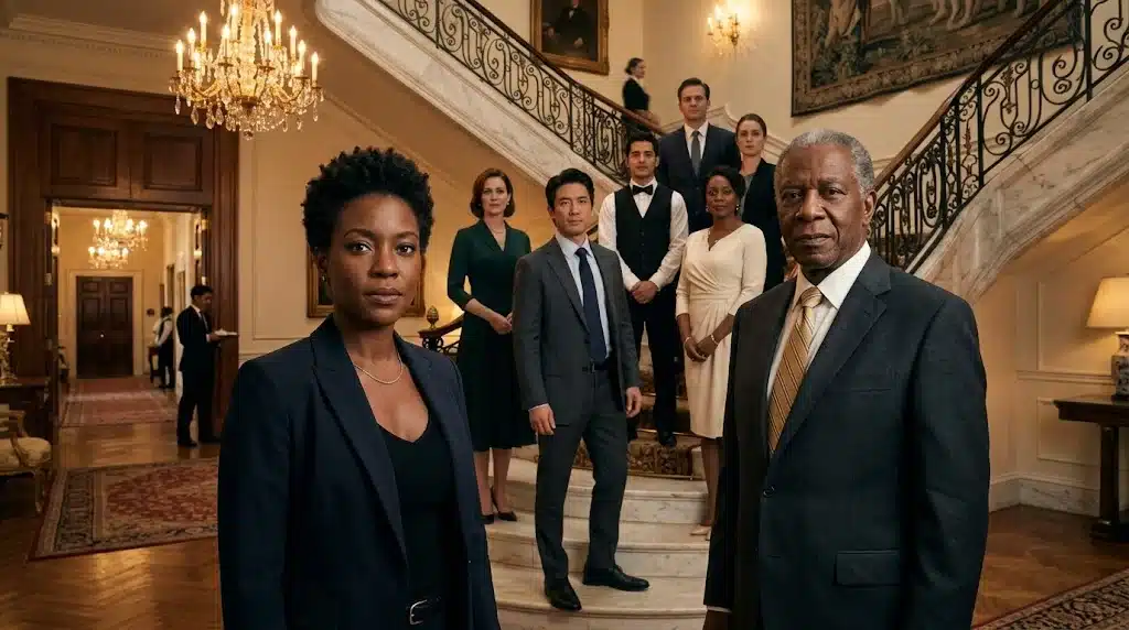 The Residence cast inspired ensemble featuring a detective, FBI agent and White House staff.