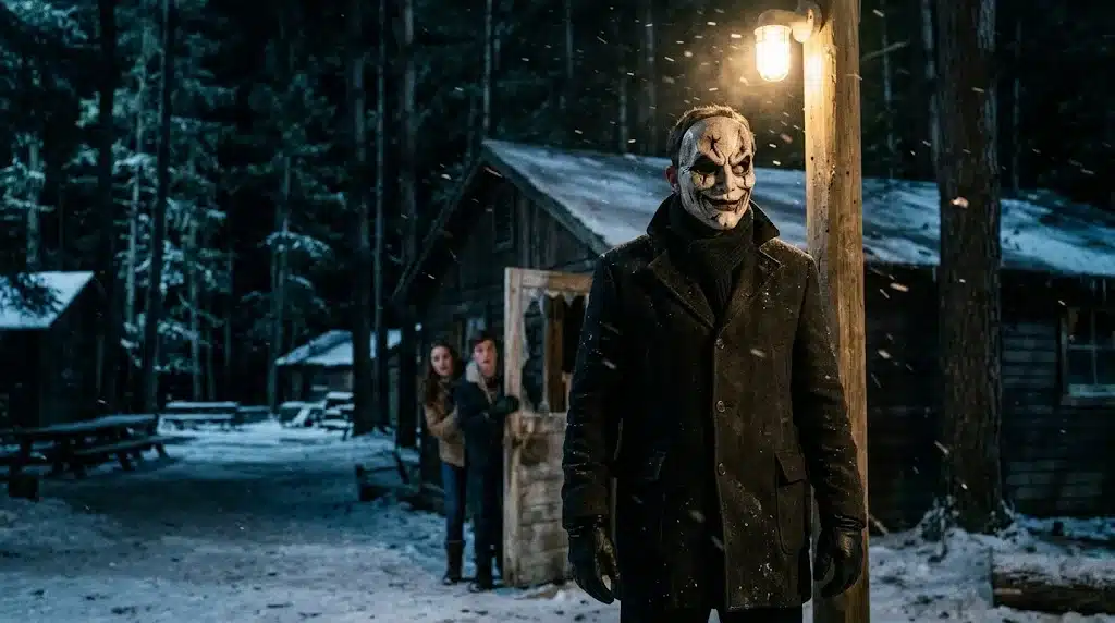 Black Phone 2 review – Horror-inspired scene of a masked killer standing outside a snowy winter camp as two frightened teenagers watch from a doorway.