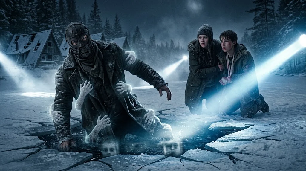 Black Phone 2 ending explained – The Grabber is dragged beneath the frozen lake by ghostly hands during the final confrontation. 