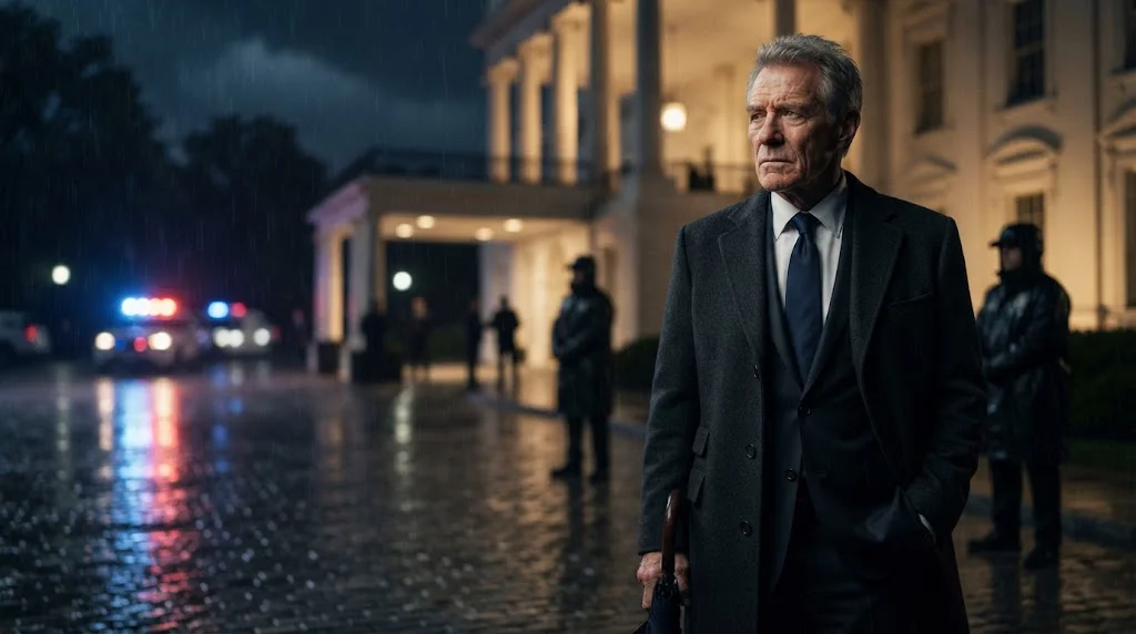 Zero Day Season 2 concept illustration of a fictional statesman outside a government building at night.