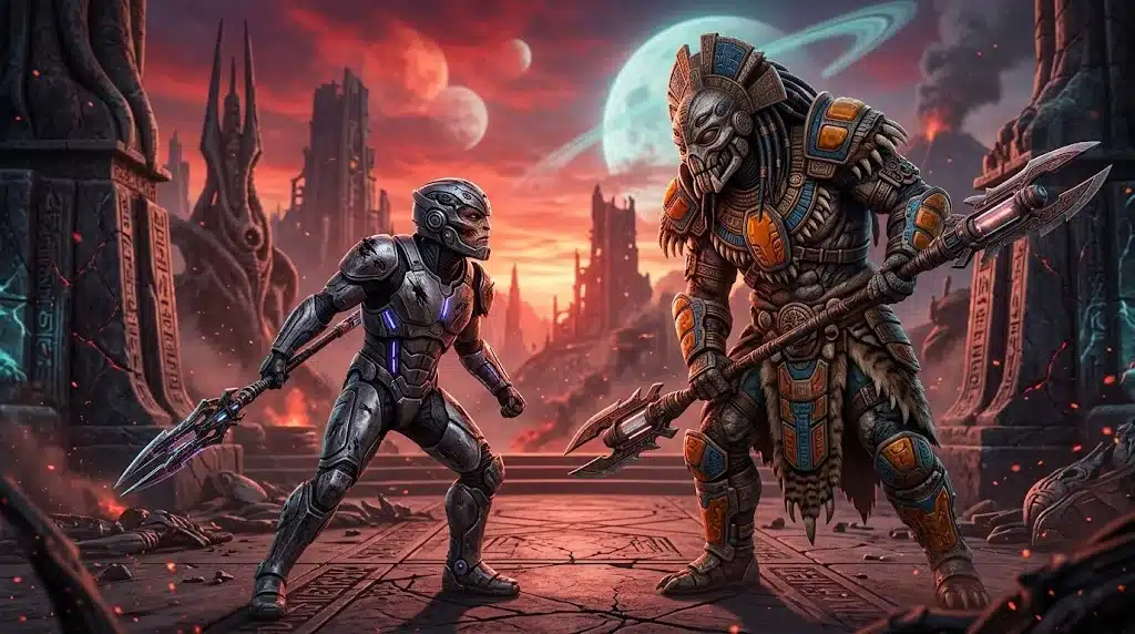 Predator: Badlands ending explained — unofficial concept artwork of a young alien warrior confronting his father.