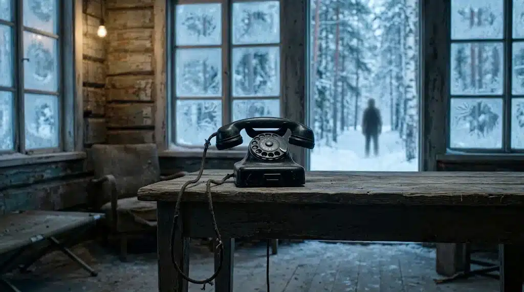 Where to Watch Black Phone 2 – Horror-inspired scene featuring a teenage boy, an old black telephone and a mysterious figure outside a snowy cabin.
