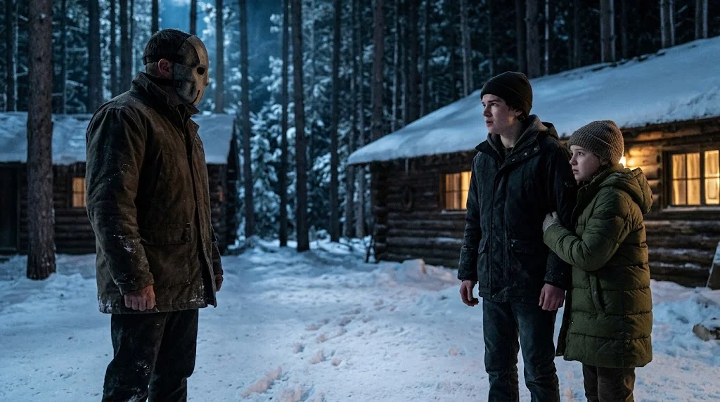 Black Phone 2 cast – The masked Grabber confronts Finney and Gwen outside a snow-covered winter cabin.