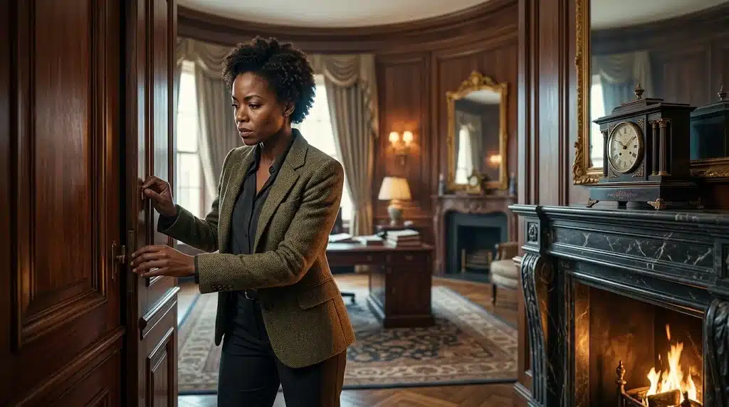 Detective examining a hidden doorway in a White House-inspired room — The Residence ending explained.