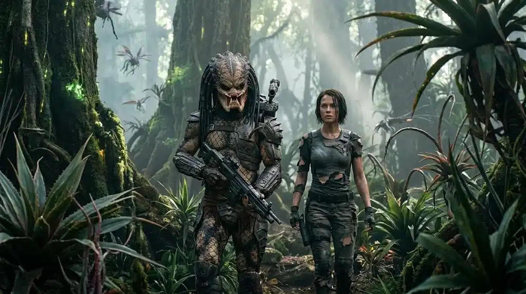 Unofficial Predator: Badlands review concept art showing an alien warrior and android exploring a hostile extraterrestrial forest.