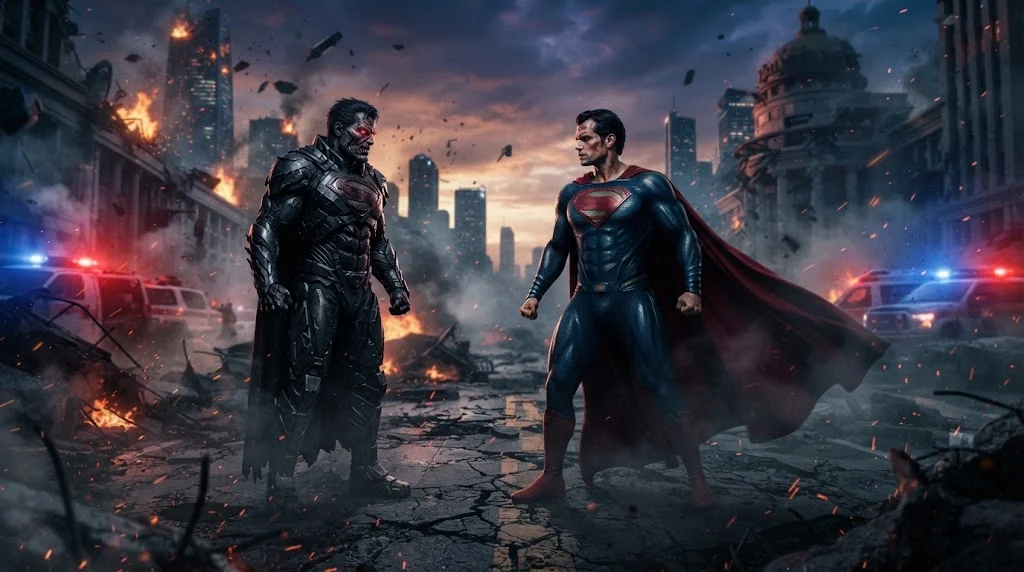Ultraman Superman 2025 facing Superman in Metropolis